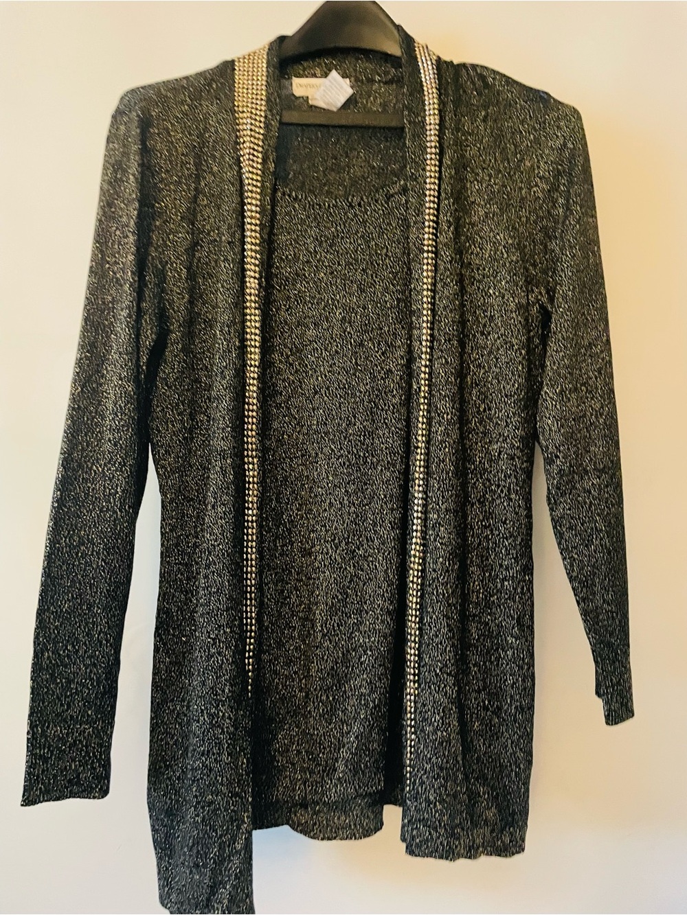 Open Front Metallic Knit Cardigan with Embellished Trim - Black